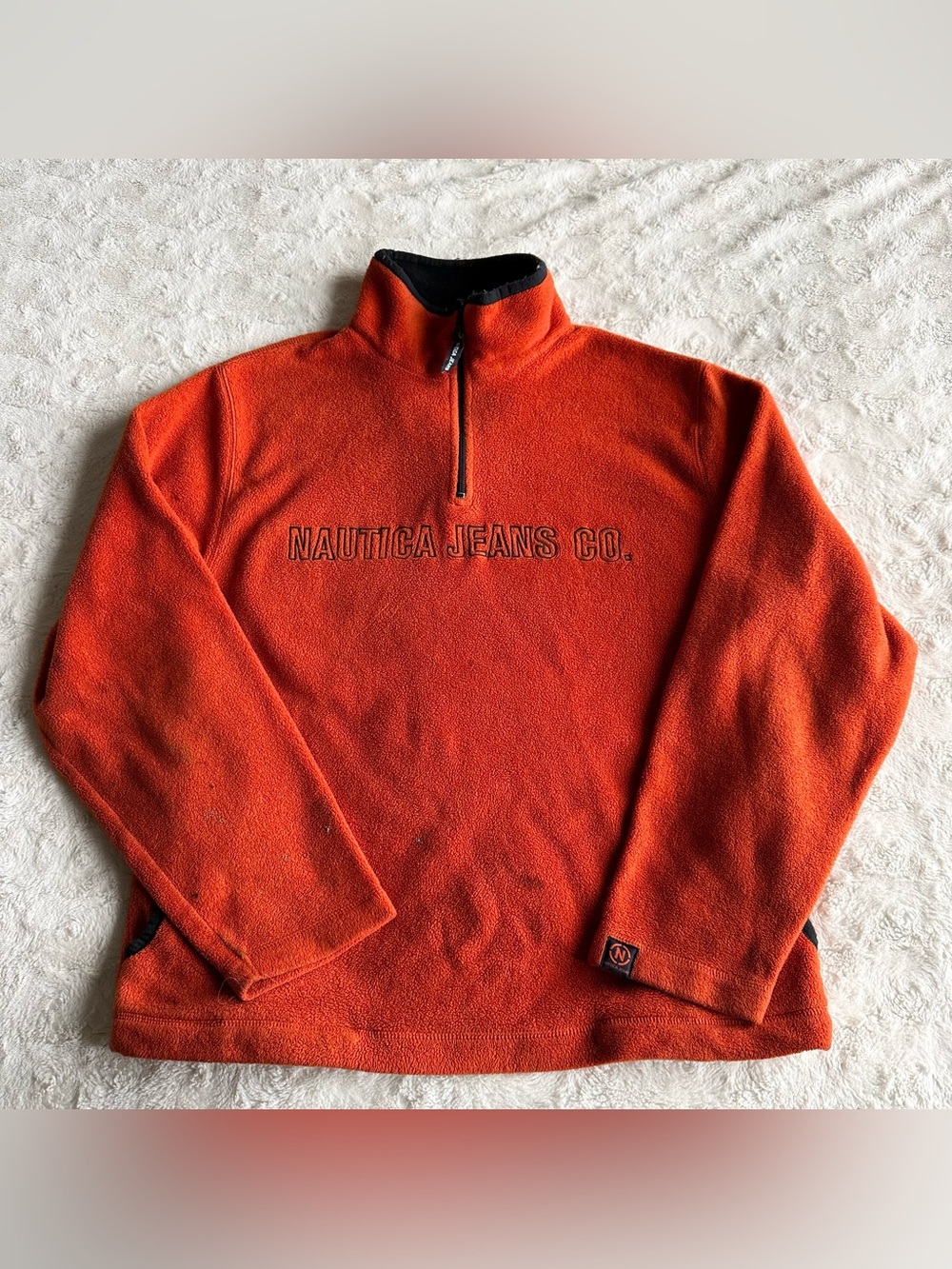 Vintage Nautica Jeans Co 1/4 Zip Pullover Mens Large Orange Fleece Logo USA READ